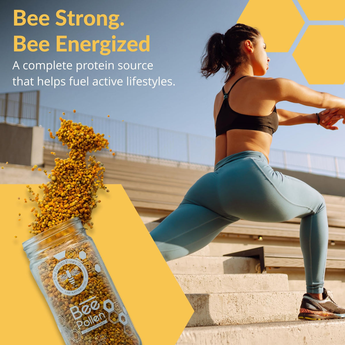Scoop of The Fantozzi Honey Co. bee pollen granules sprinkled on yogurt