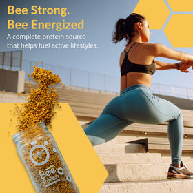 Scoop of The Fantozzi Honey Co. bee pollen granules sprinkled on yogurt