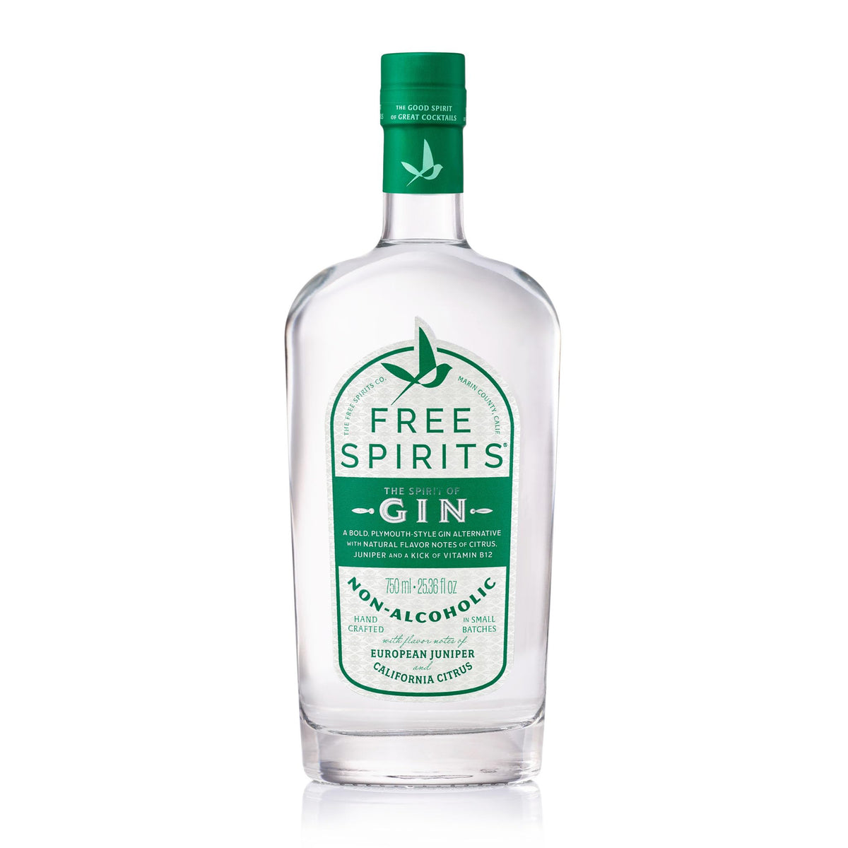 Free Spirits Company non-alcoholic gin Spirit bottle on a bar, ideal for low-calorie cocktails