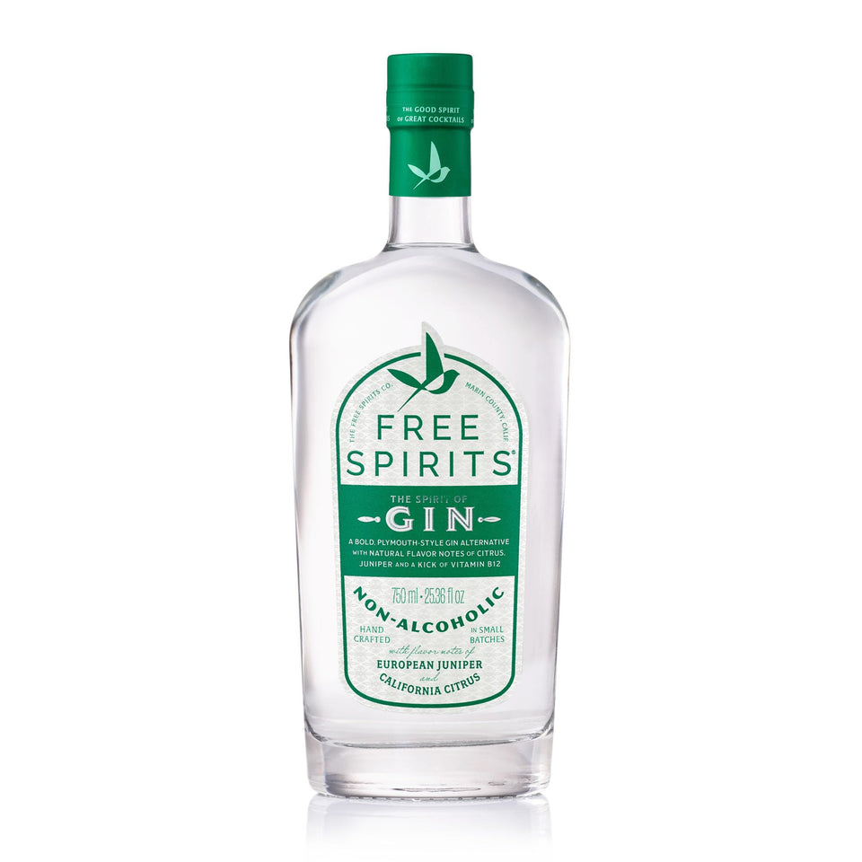 Free Spirits Company non-alcoholic gin Spirit bottle on a bar, ideal for low-calorie cocktails