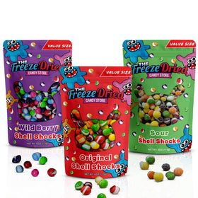 The Freeze Dried Candy Store Shell Shock 3-pack front view for portable snacking variety.