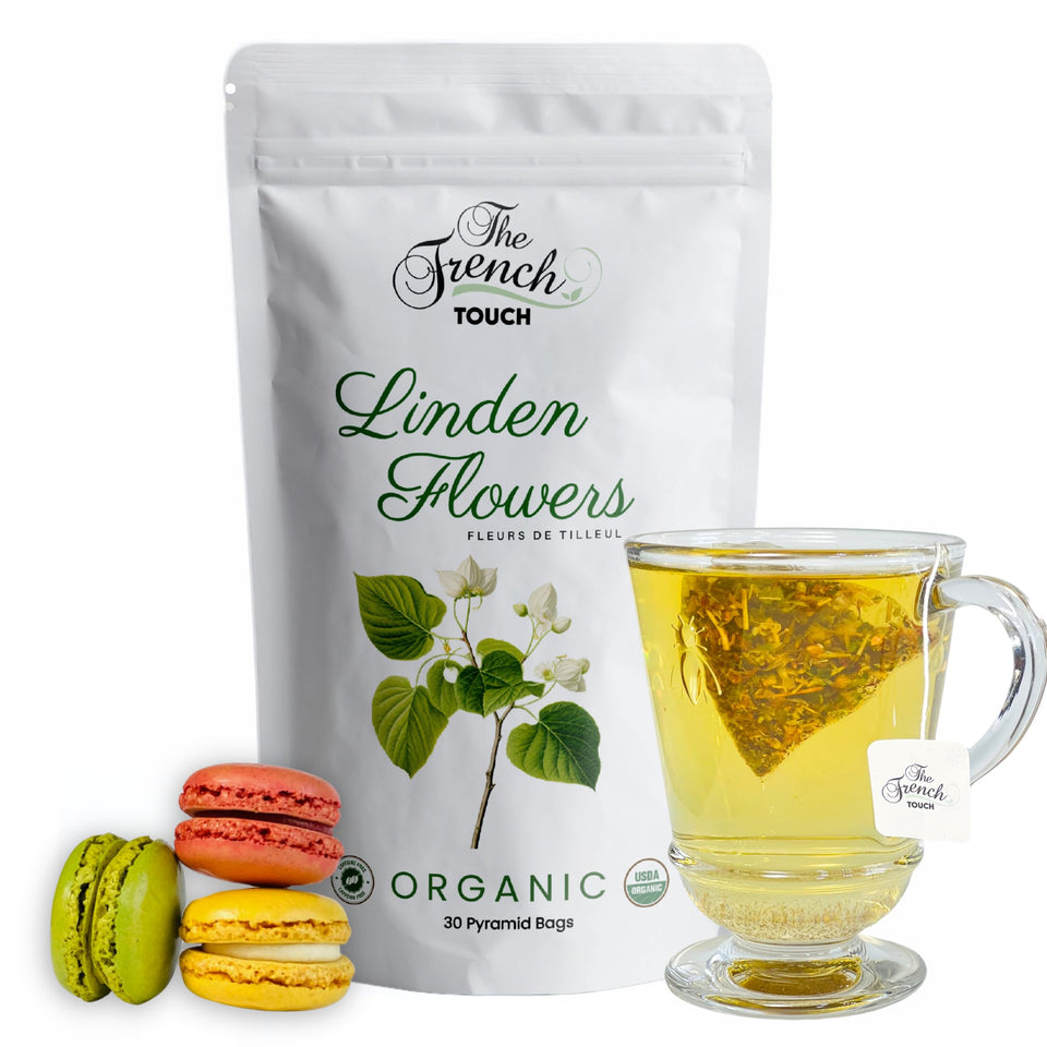 The French Touch Linden Flowers Tea packaging shows premium organic branding.