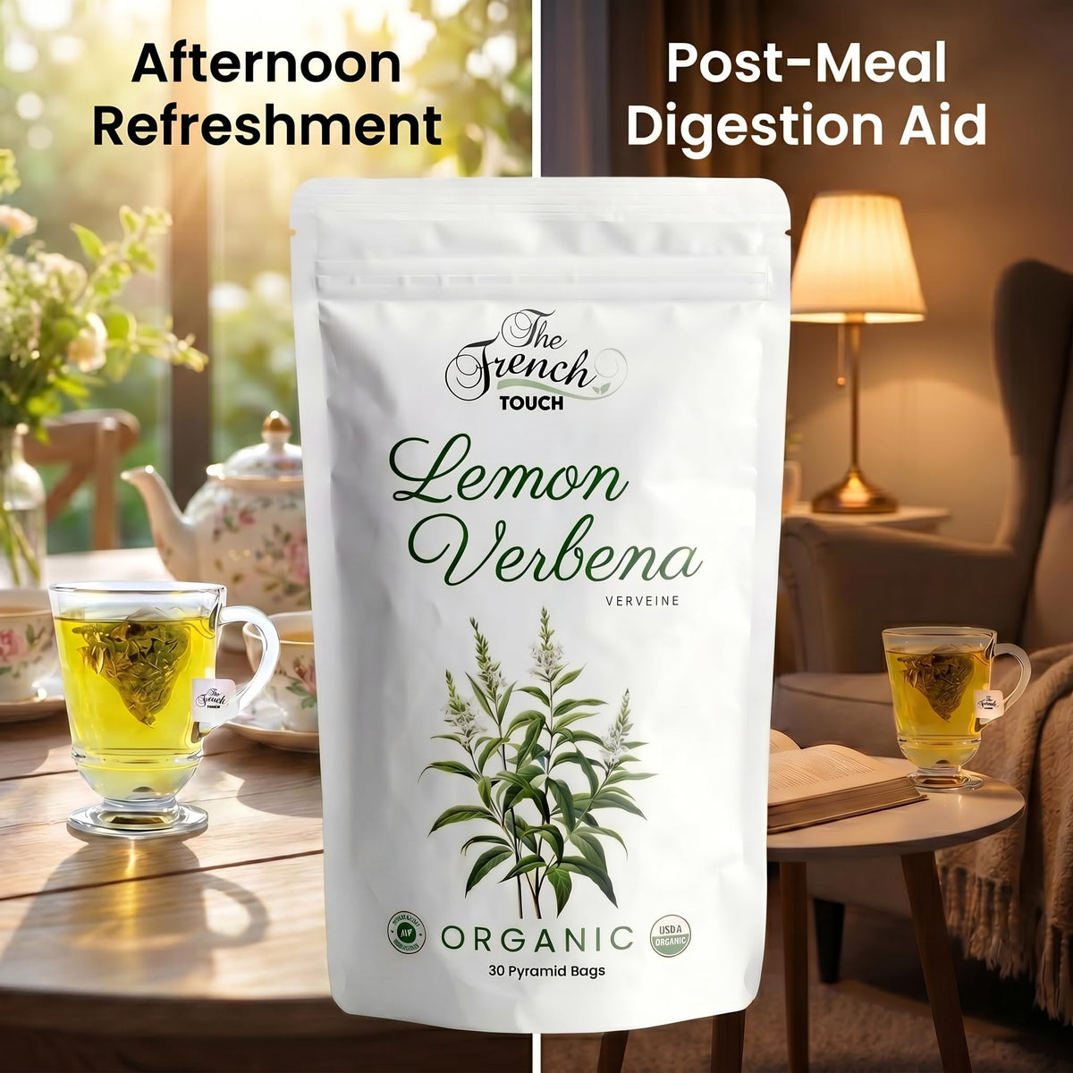 USDA Organic seal on The French Touch Lemon Verbena Tea packaging.