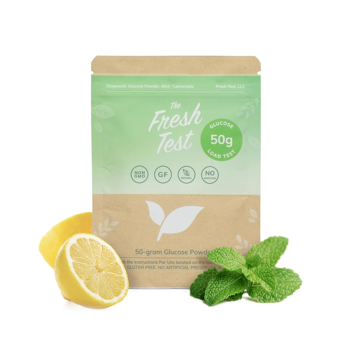The Fresh Test 50g glucose packet on a counter for quick wellness checks