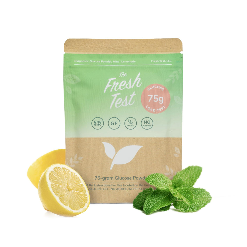 The Fresh Test 75g glucose solution packet ready for quick screening setup