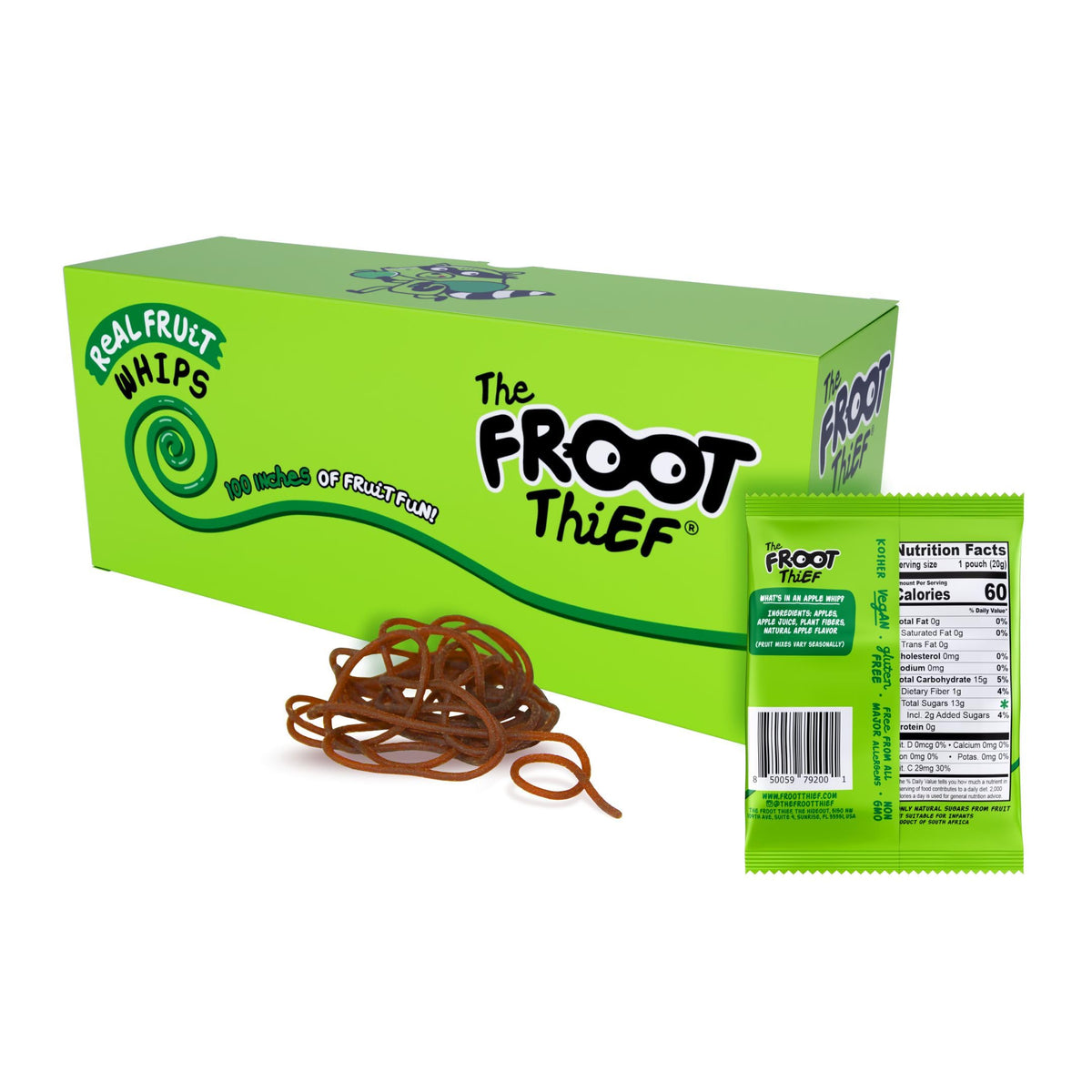 The FROOT THIEF Whips closeup; soft, chewy texture for easy bites.