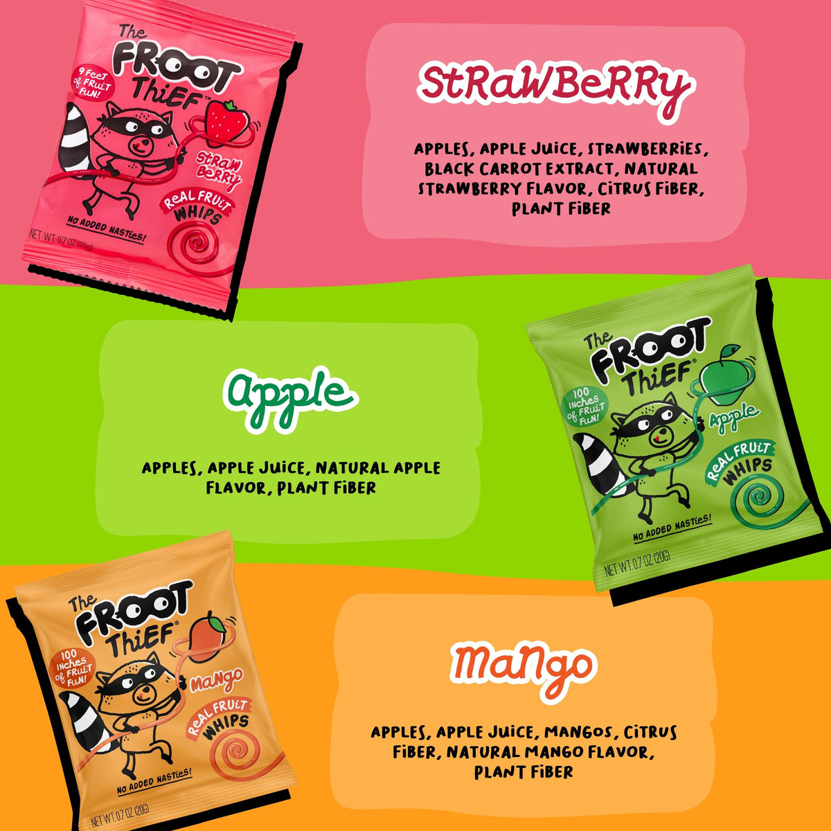 THE FROOT THIEF Chewy mango texture shown in a kid-friendly snack option.