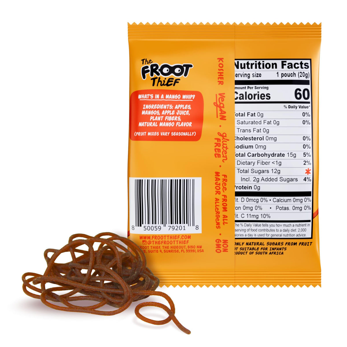 The FROOT Thief Mango Whips offer 60 calories per serving