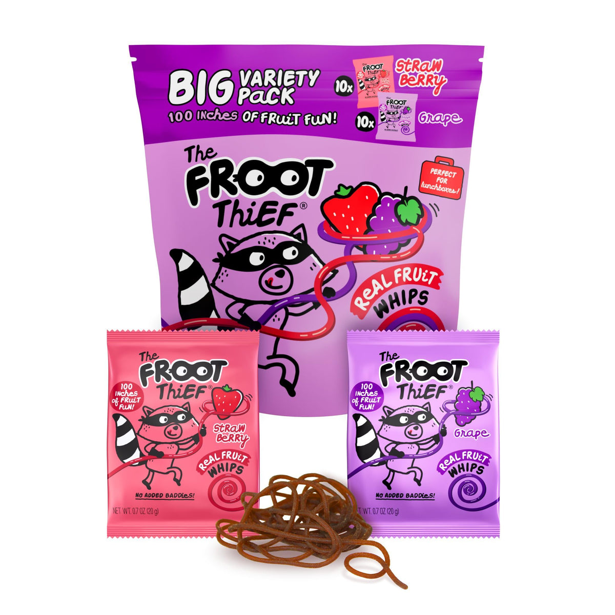 The FROOT Thief real fruit snack whips in individual bags for lunchboxes.
