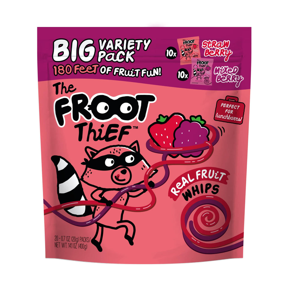 The FROOT Thief Strawberry Whips 20ct pack, ideal lunchbox snack.