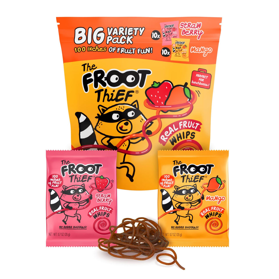 The FROOT Thief whips variety pack front, ideal for quick school lunches.