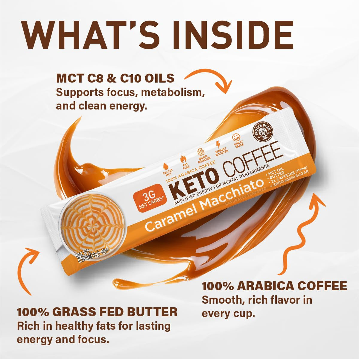 The Frozen Bean caramel macchiato coffee cup steaming with rich aroma.