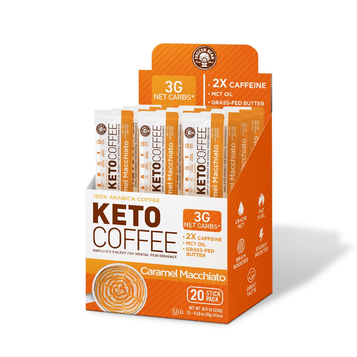 The Frozen Bean Caramel Macchiato Keto stick pack for on-the-go energy.