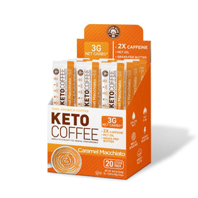 The Frozen Bean Caramel Macchiato Keto stick pack for on-the-go energy.