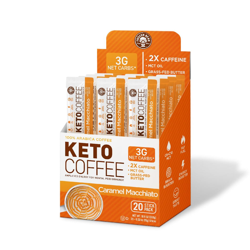 The Frozen Bean Caramel Macchiato Keto stick pack for on-the-go energy.
