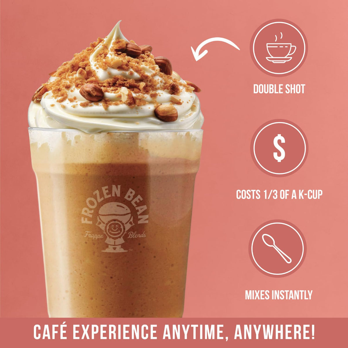 The Frozen Bean Hazelnut Frappe creamy non-dairy powder close-up.