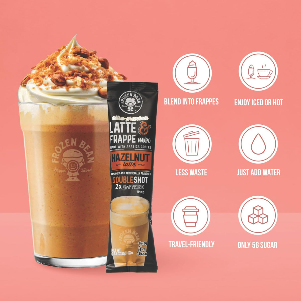 The Frozen Bean Hazelnut Frappe packaging and aroma highlight premium ingredients.