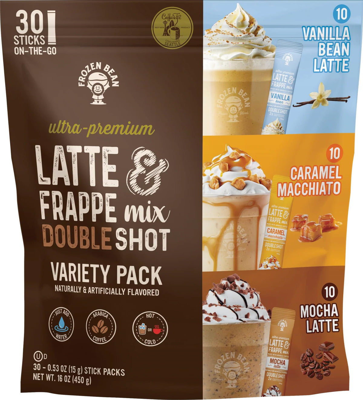 The Frozen Bean pour packet delivering a quick, premium caramel macchiato at home.