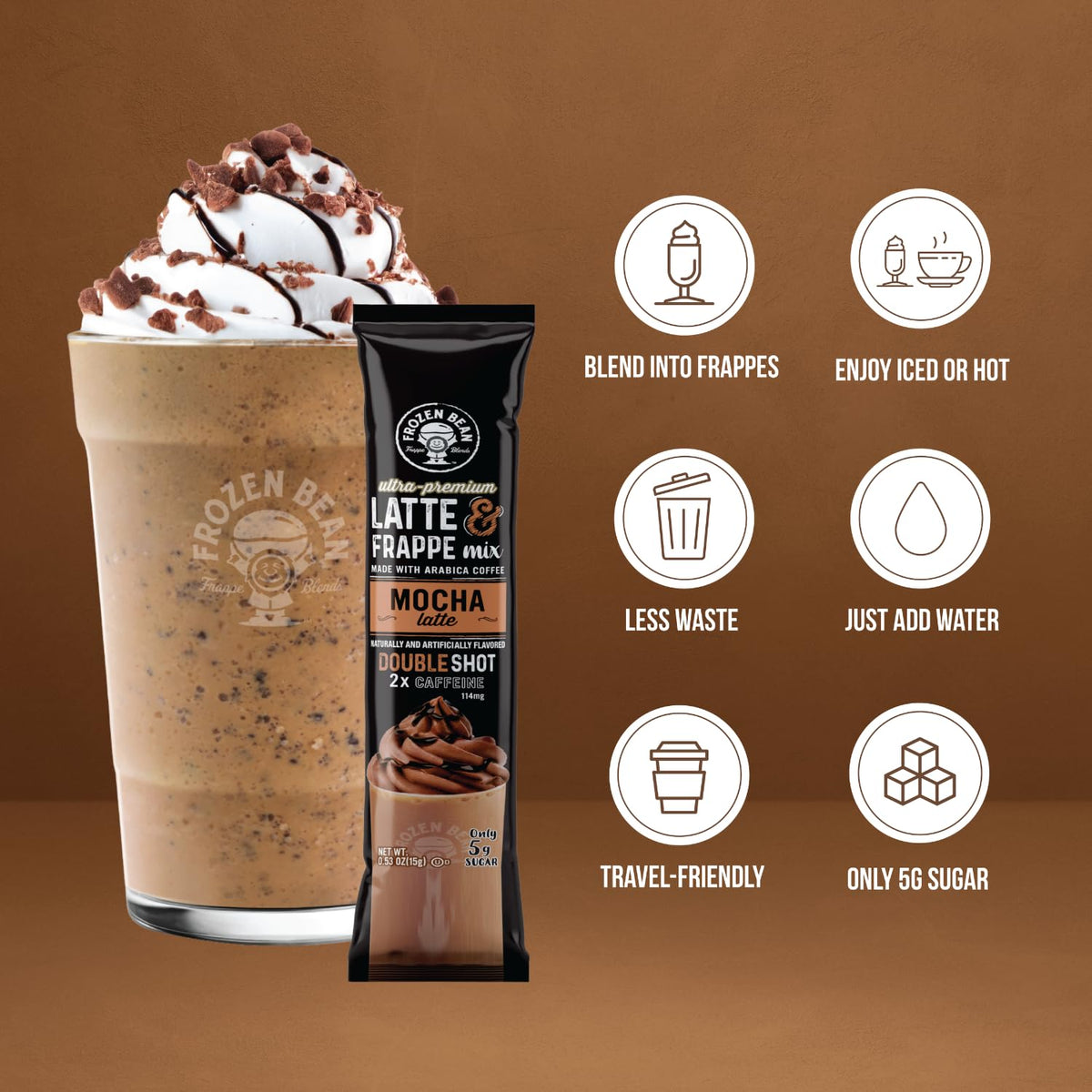 The Frozen Bean low sugar latte mix supports flavorful indulgence with 5 g sugar