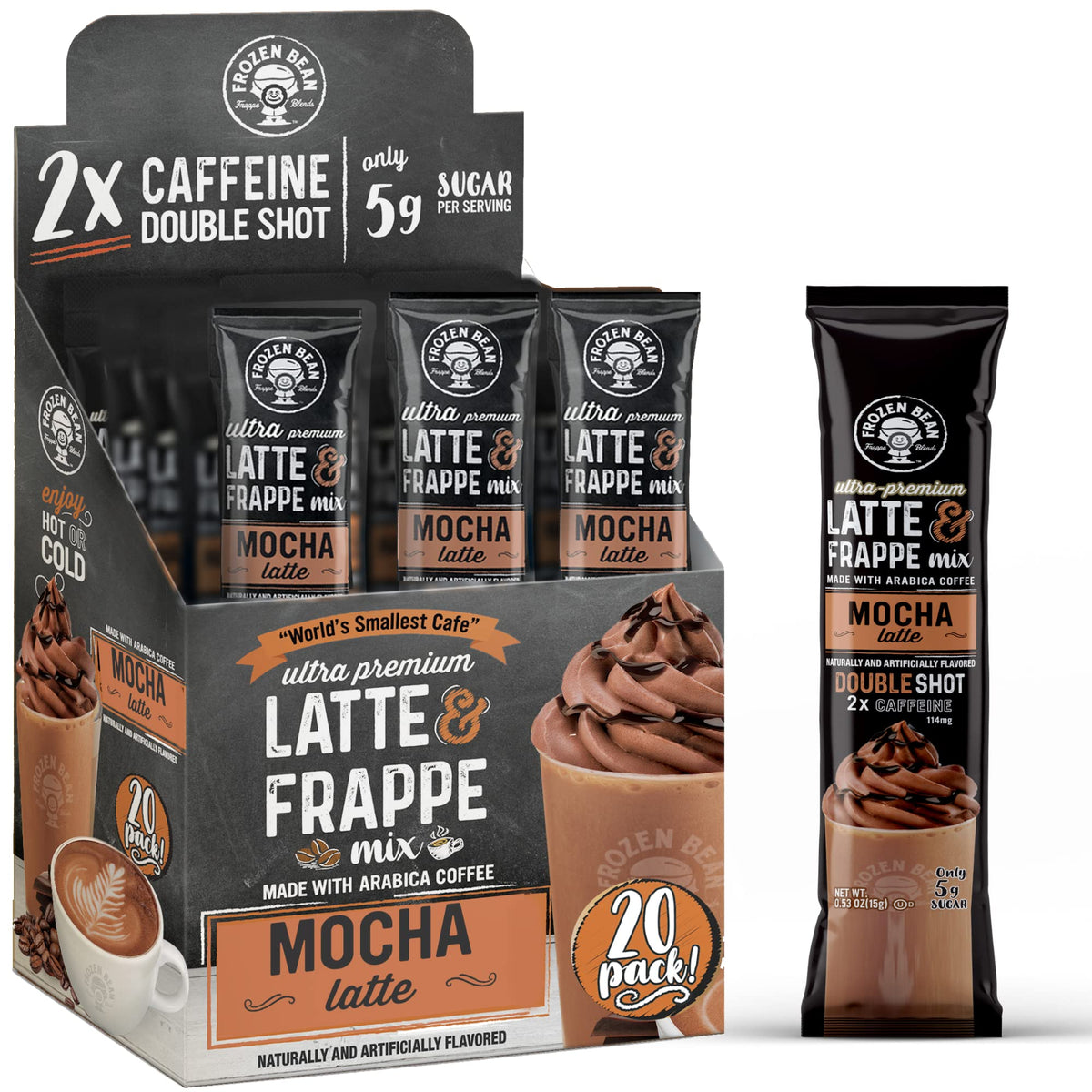 The Frozen Bean mocha frappe instant mix stick delivers a rich, espresso-inspired treat any time