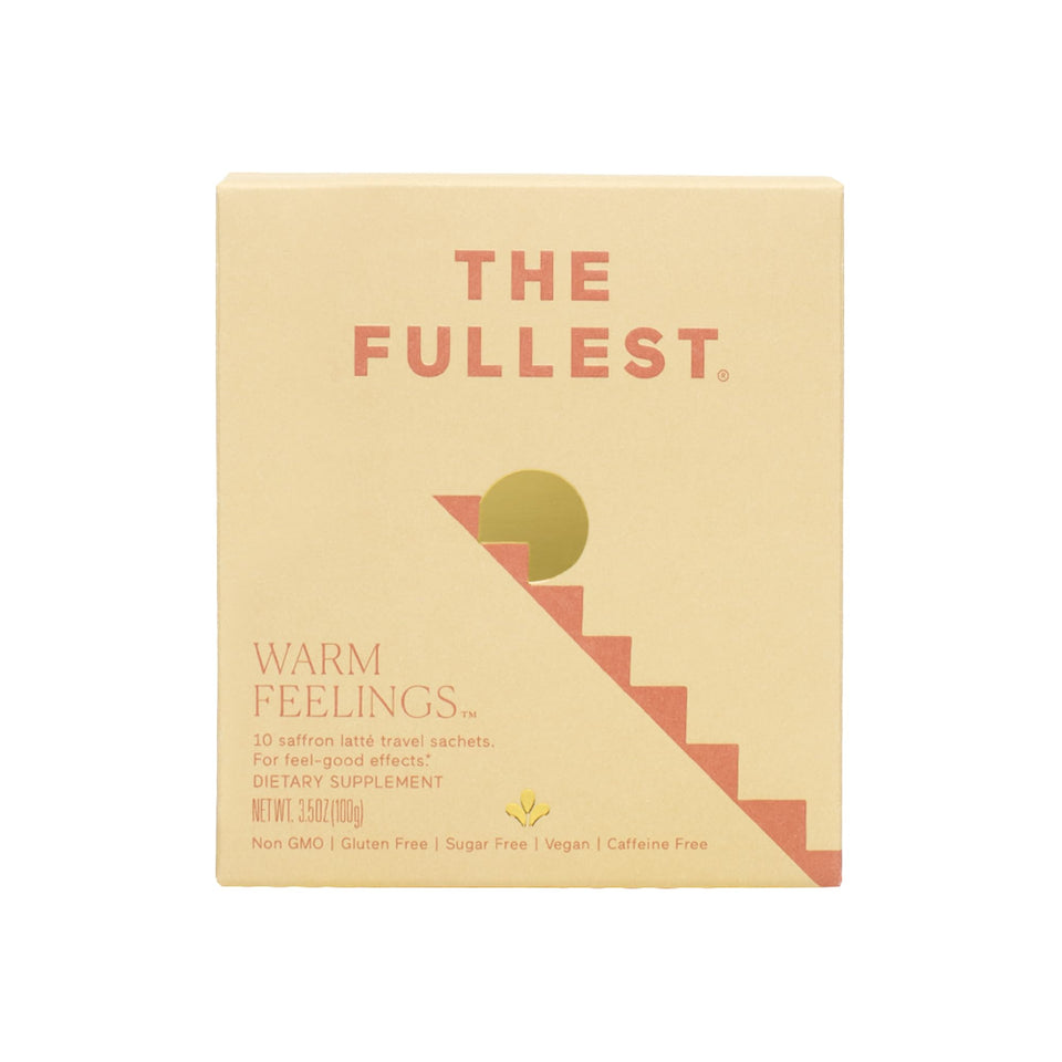 The Fullest Saffron Latte packaging, a caffeine-free wellness blend for mood support.