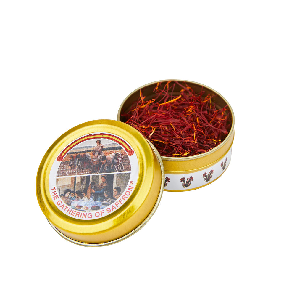 The Gathering of Saffron 2g pack saffron threads in a glass jar, vibrant color for dishes.