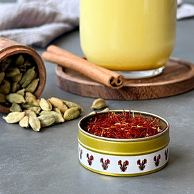 The Gathering of Saffron threads in a measuring spoon for risotto and more.