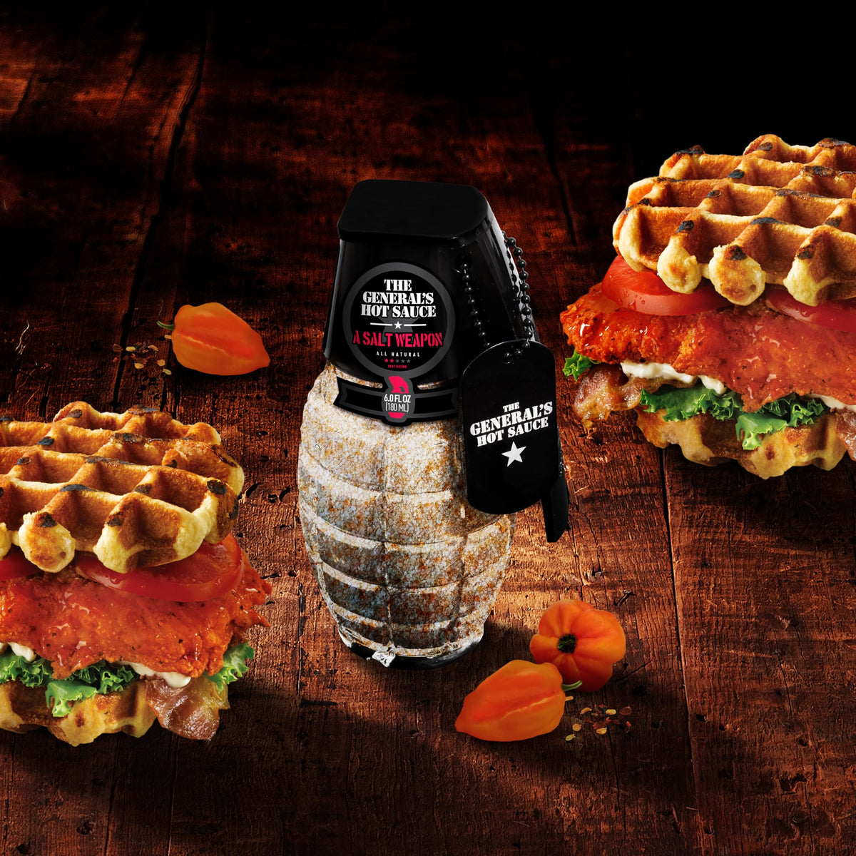 Gift-ready The General’s A Salt Weapon package with grenade bottle design.
