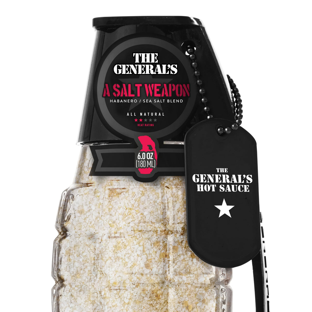 Close-up of The General’s A Salt Weapon glass bottle, ideal for grilling and tacos.