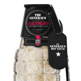 Close-up of The General’s A Salt Weapon glass bottle, ideal for grilling and tacos.