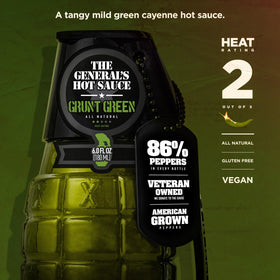 The General’s Hot Sauce dog tag on bottles adds rugged branding.