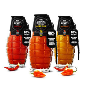 The General's Hot Sauce heat-seeker gift set featuring grenade bottles with bold flavors.