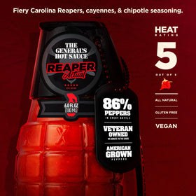 Close-up of peppers shows American-grown ingredients for clean heat in The General's sauce.