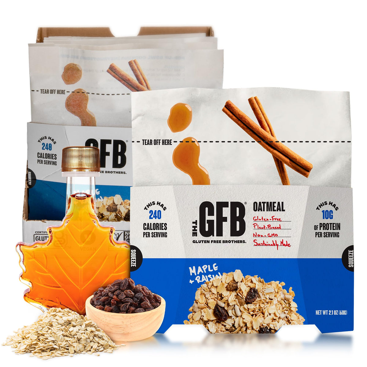The GFB Maple Raisin Oatmeal Cups front view highlights a hearty, protein-rich breakfast option