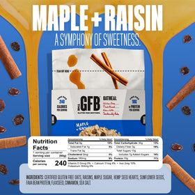 The GFB Maple Raisin Oatmeal Cups nutrition panel shows 10g protein per serving