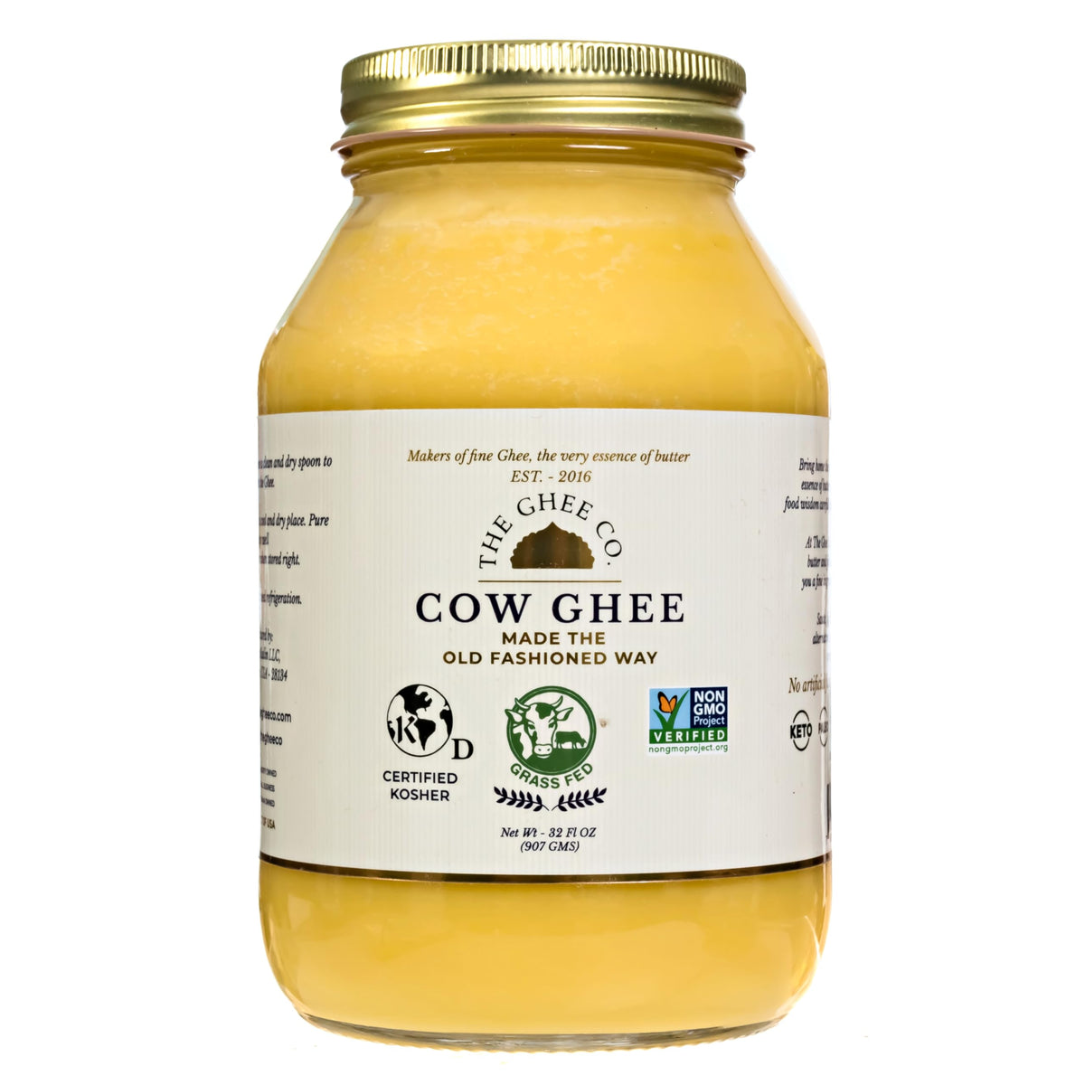 The Ghee Co. 32oz glass jar for versatile cooking with rich aroma.