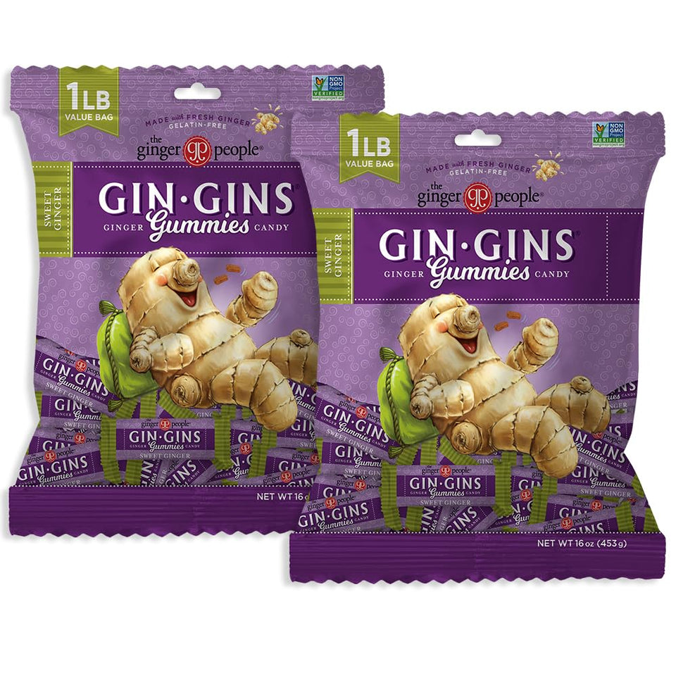 The Ginger People GIN GINS front view: on-the-go chewy ginger for stomach comfort.