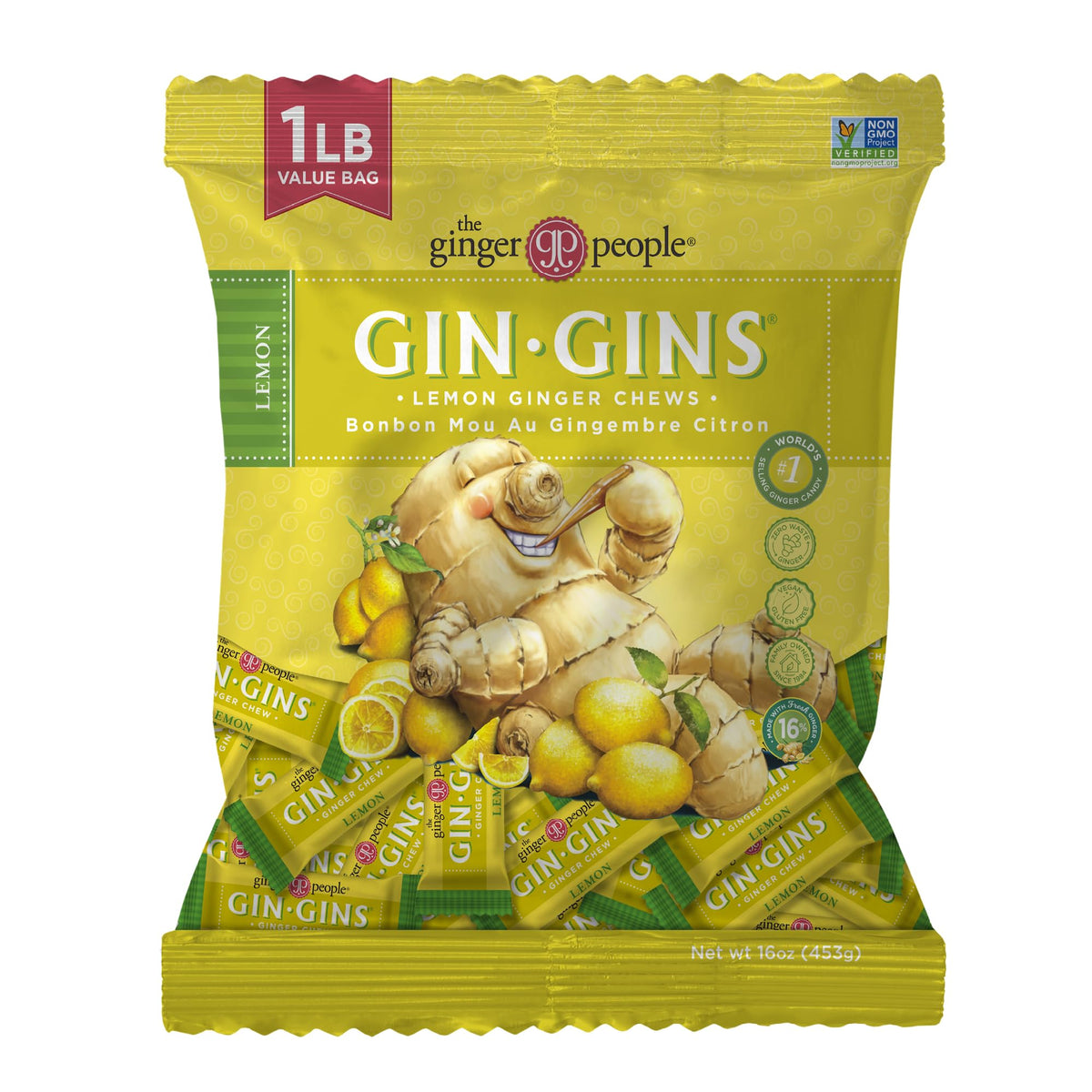 The Ginger People GIN GINS Lemon Ginger Chews bag for on-the-go snacking