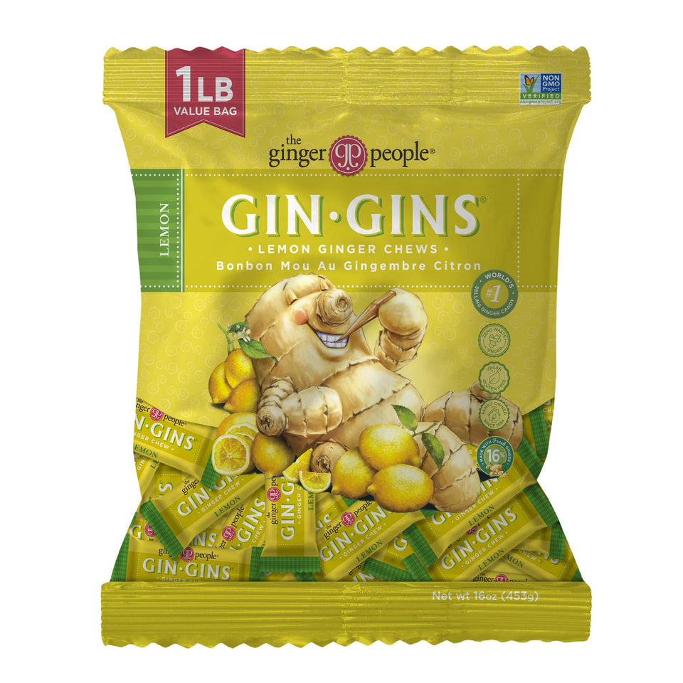 The Ginger People GIN GINS Lemon Ginger Chews bag for on-the-go snacking