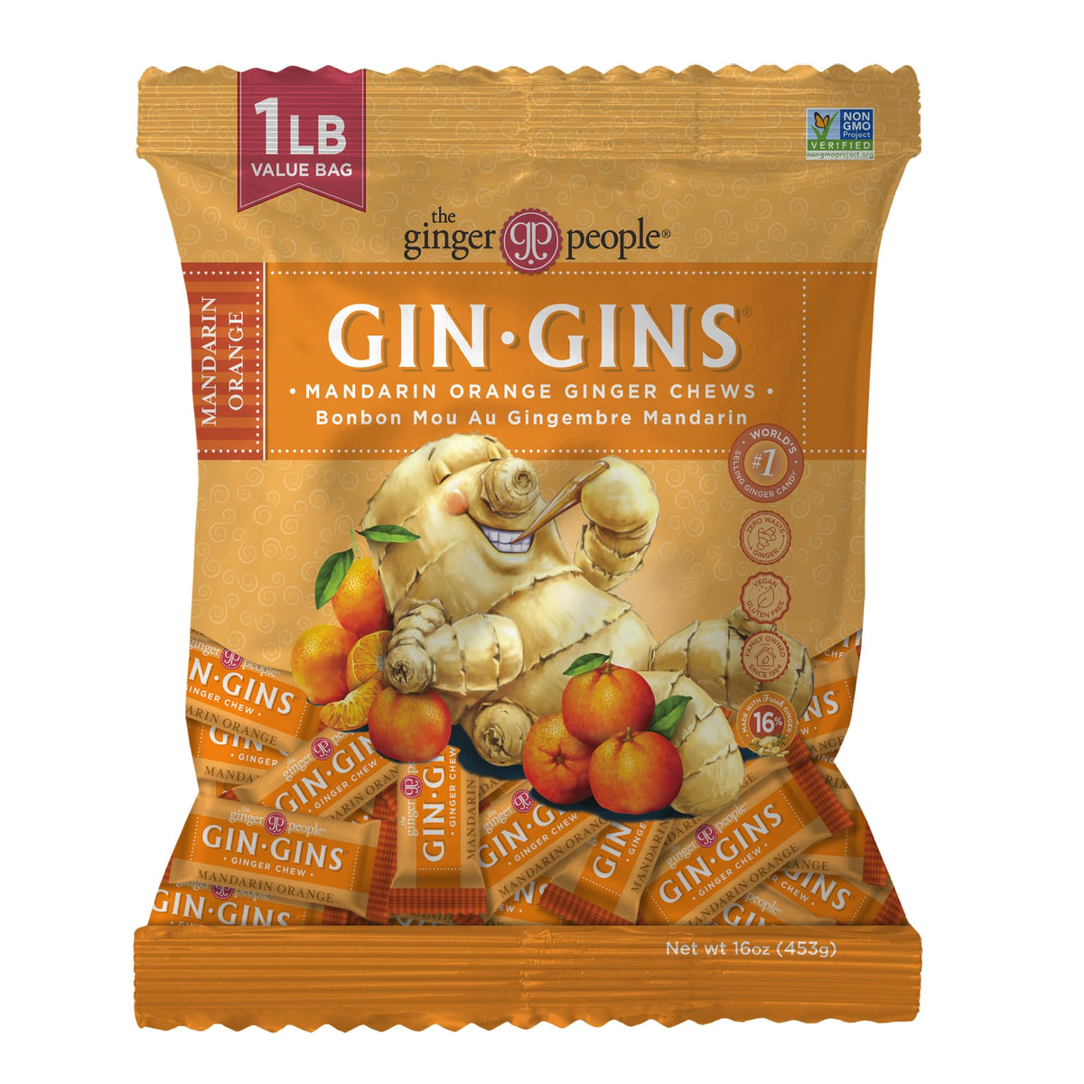 The Ginger People Gin Gins Mandarin Orange Ginger Chews in a 1lb bag, convenient and shareable.