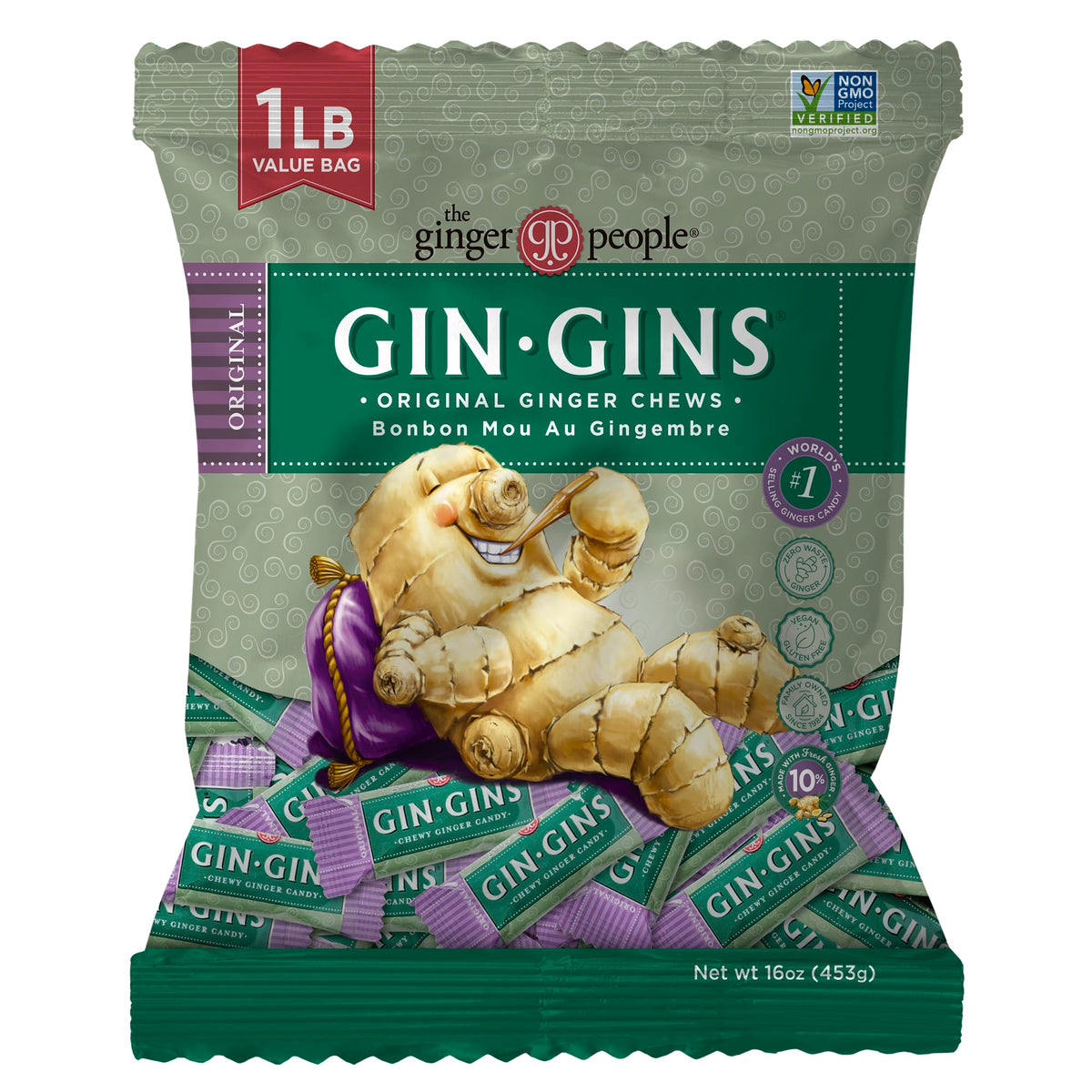 GIN GINS Original Ginger Chews in a 1 lb bag for convenient, flavorful snacking.