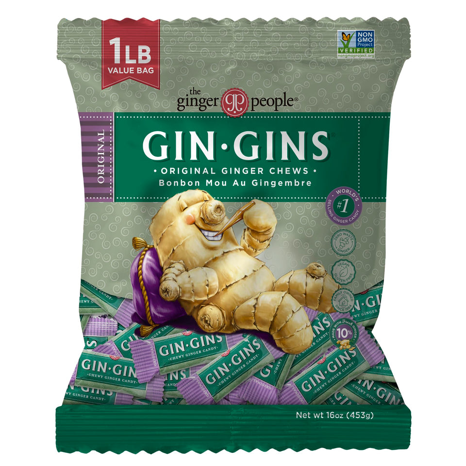 GIN GINS Original Ginger Chews in a 1 lb bag for convenient, flavorful snacking.