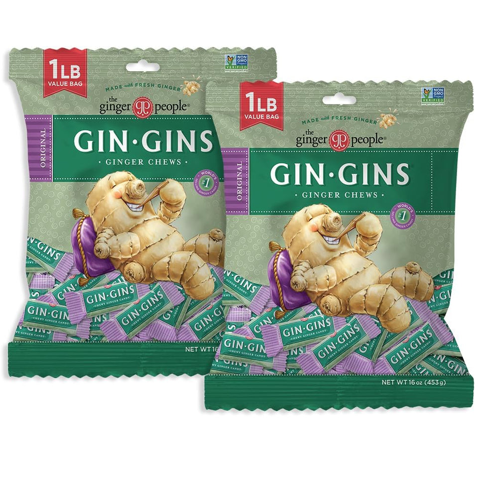 The Ginger People Gin Gins original ginger chews bag 1lb, ideal for on-the-go digestion and flavor