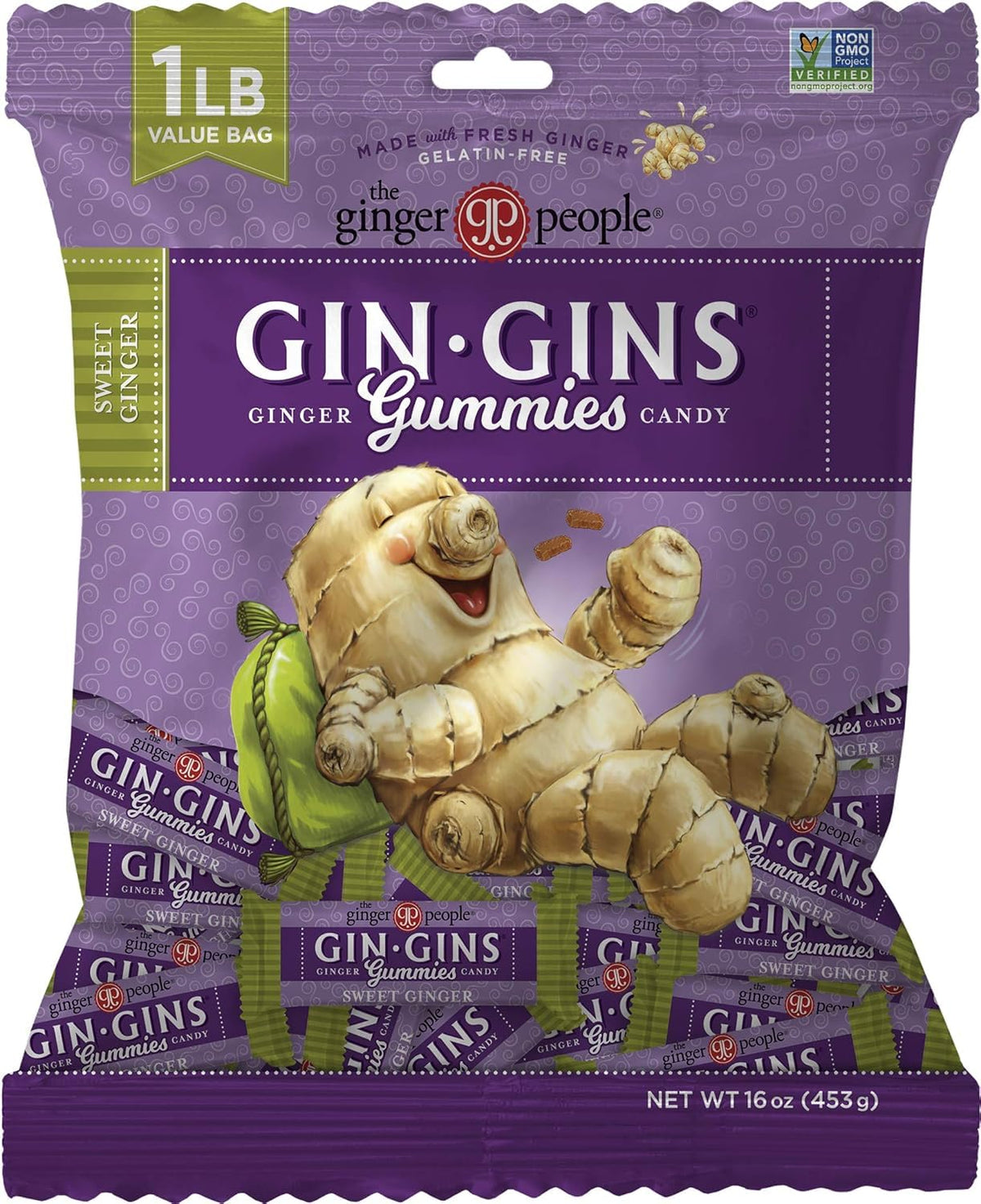 The Ginger People GIN GINS packaging close-up: sustainably sourced fresh ginger in every bite.