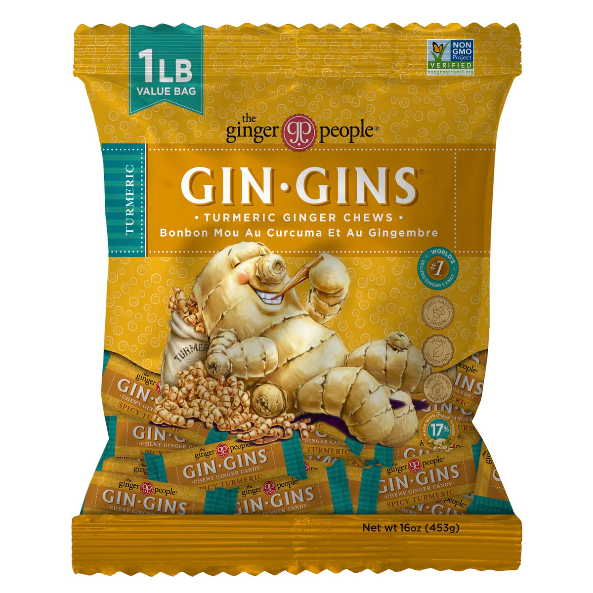 The Ginger People Gin Gins spicy chews packaging for on-the-go digestion support.