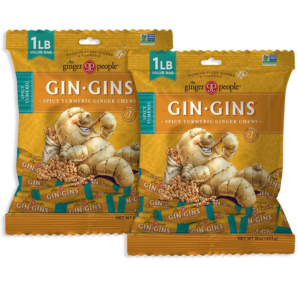 The Ginger People GIN GINS two-pack front view, travel-friendly chewy ginger snack.