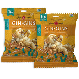 The Ginger People GIN GINS two-pack front view, travel-friendly chewy ginger snack.