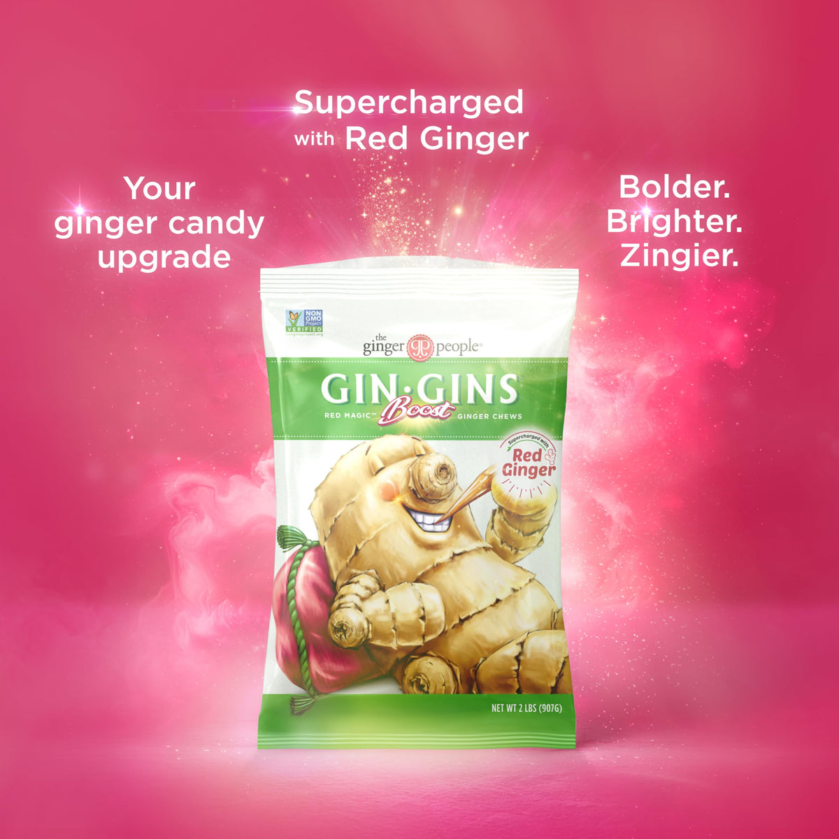 Close-up of The Ginger People GIN GINS Boost Red Magic Chews highlighting chewy texture and heat