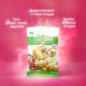 Close-up of The Ginger People GIN GINS Boost Red Magic Chews highlighting chewy texture and heat