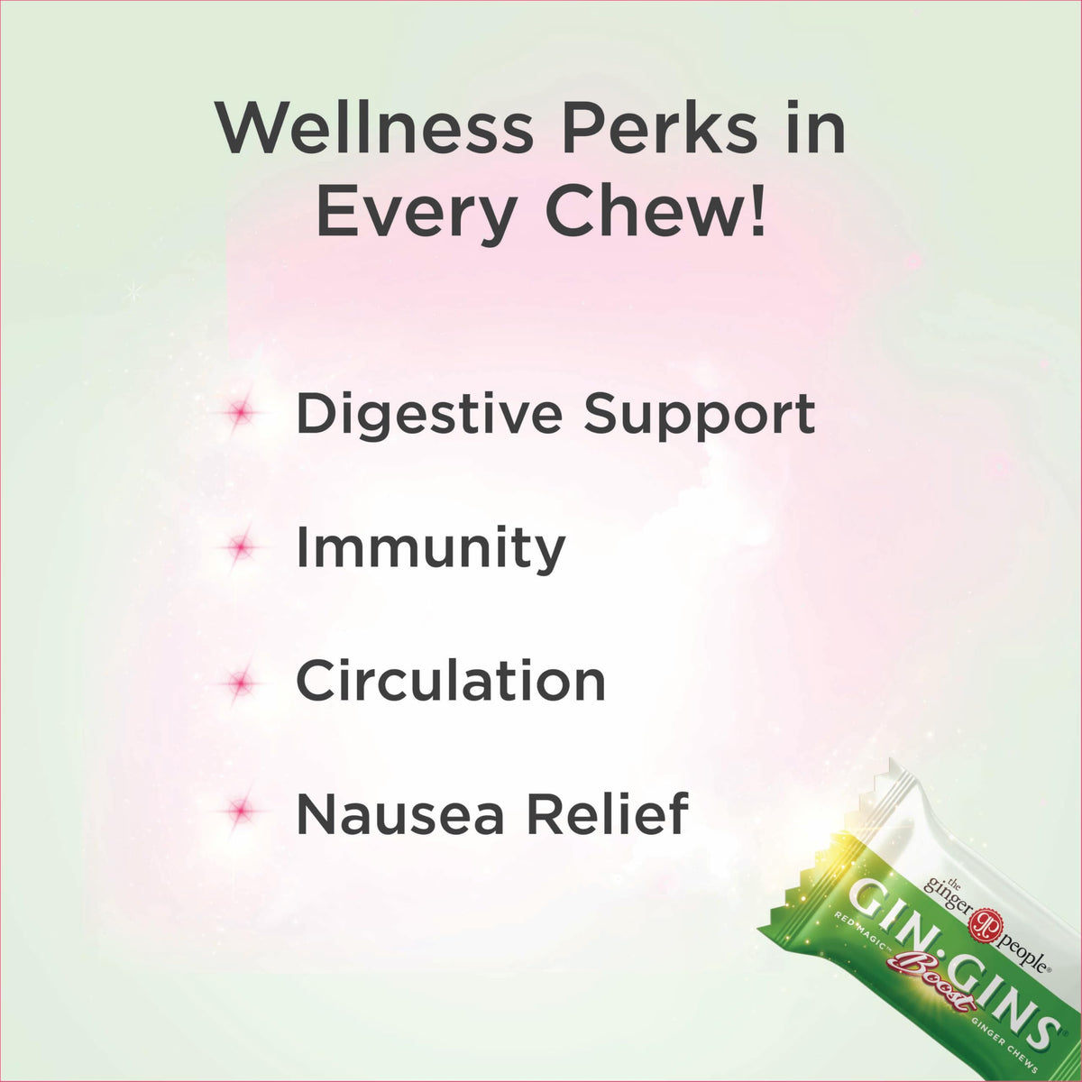 The Ginger People GIN GINS Boost Red Magic Chews on table with vibrant color and aroma